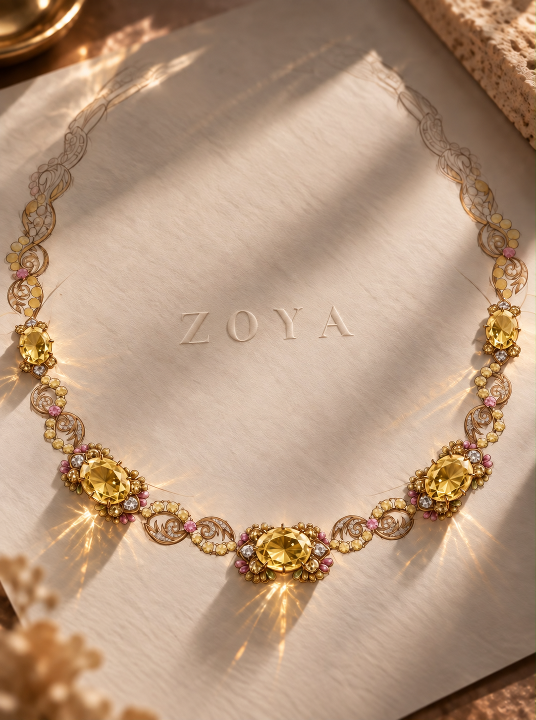 ZOYA’s Rekindle Necklace displayed over its jewellery design drawing