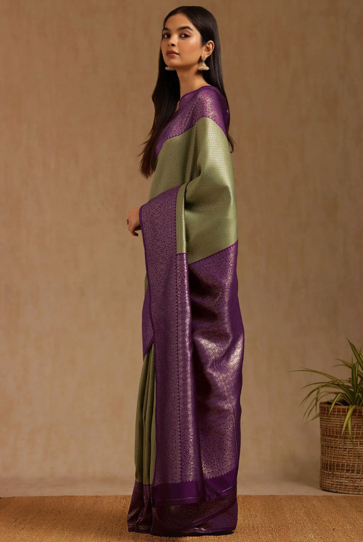 Olive Silk Blend Zari Woven Saree by Soch