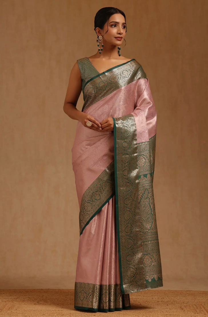 Pink Silk Blend Zari Woven Saree by Soch