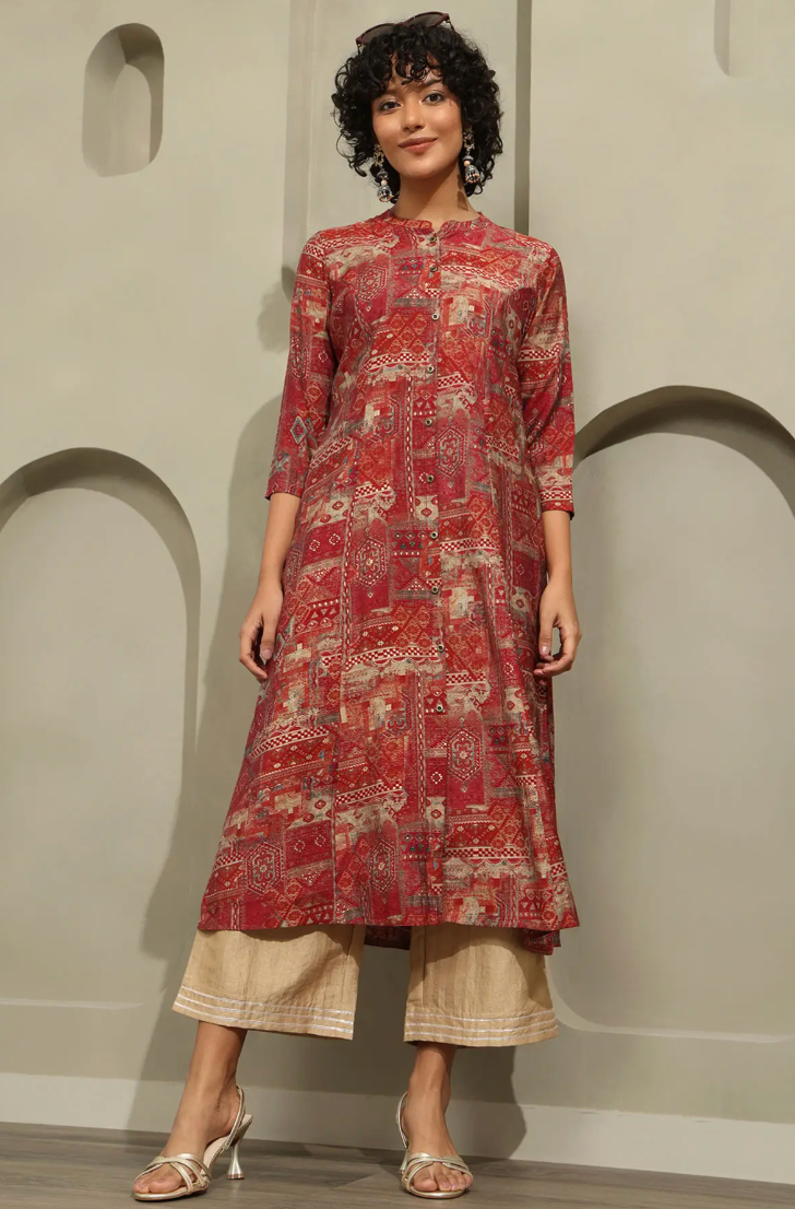 Rust Muslin Ethnic Motifs Printed Kurta by Soch