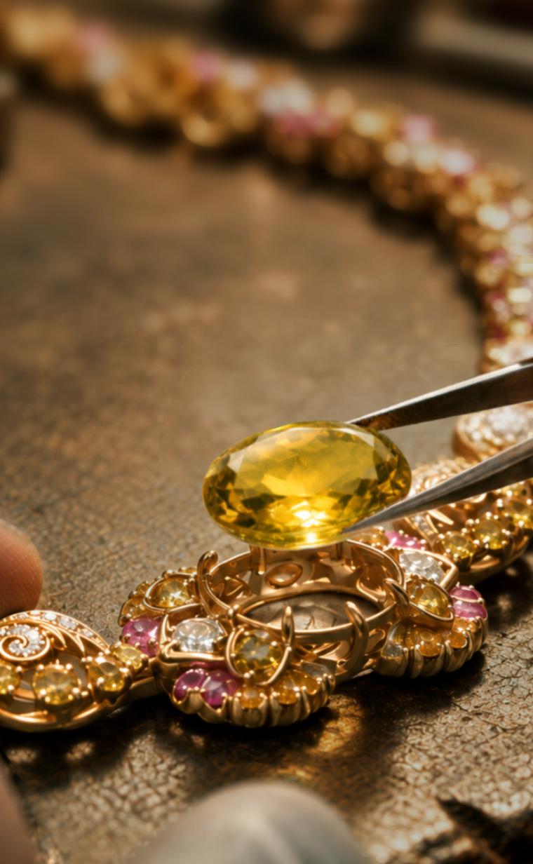 A golden heliodor being positioned in ZOYA’s Rekindle Necklace