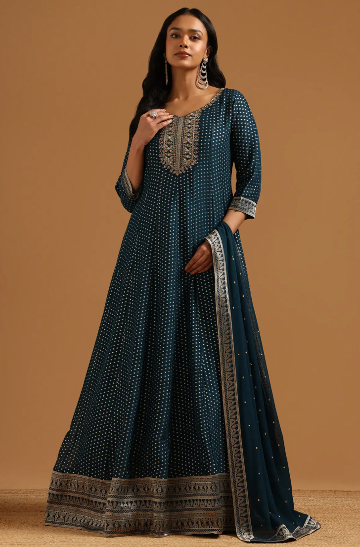Teal Jacquard Zari Woven Gown With Cutdana Work by Soch