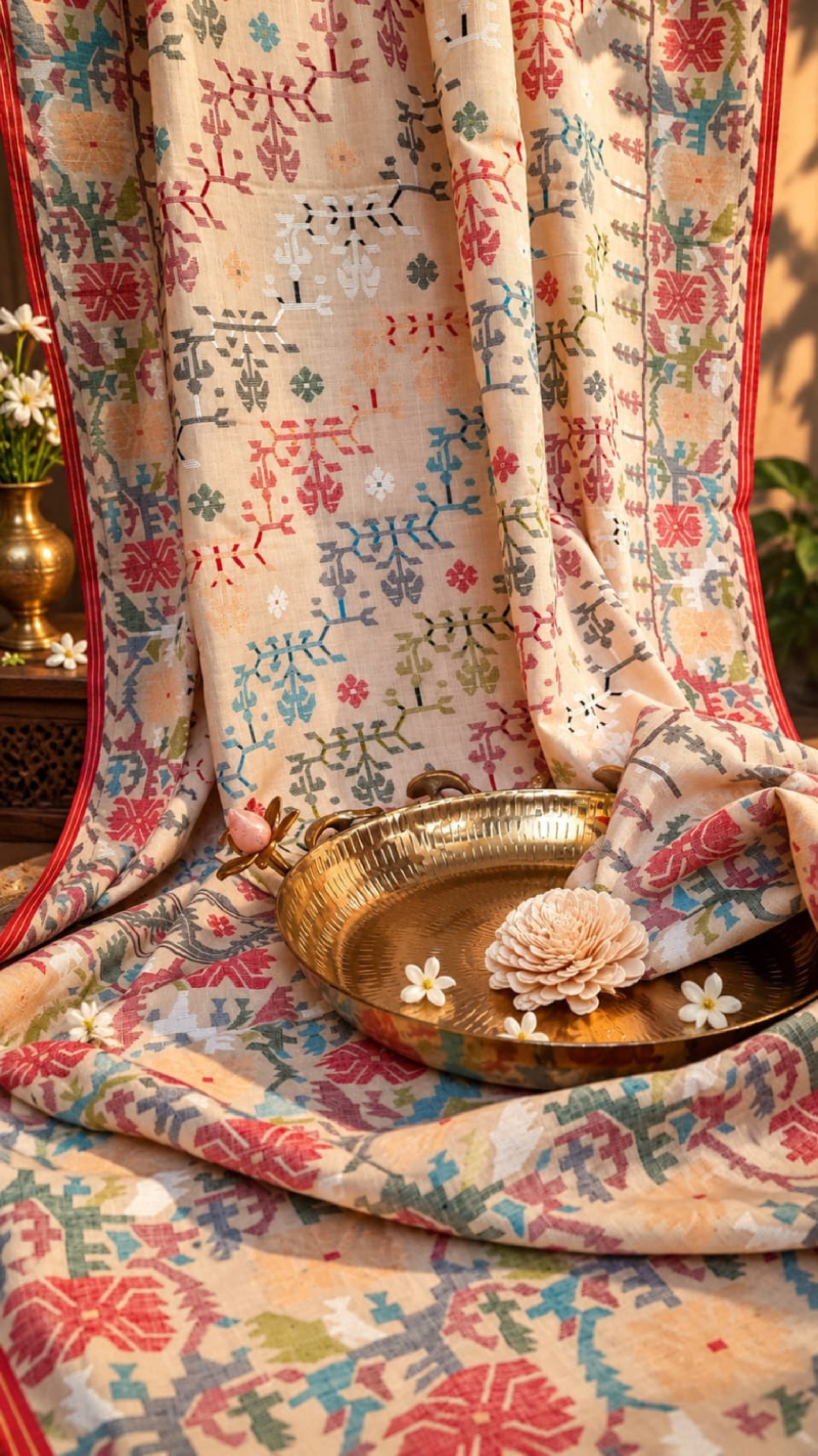 Multicoloured patterned textile draped beside a brass tray
