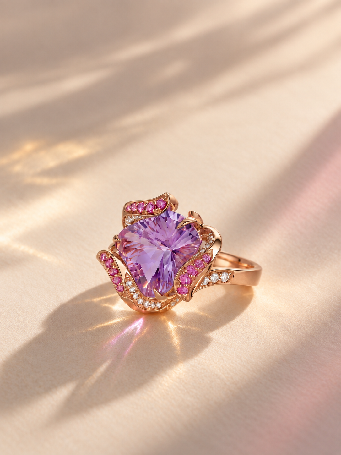 ZOYA Wildflower Heart Ring with a violet amethyst, pink sapphires and diamonds