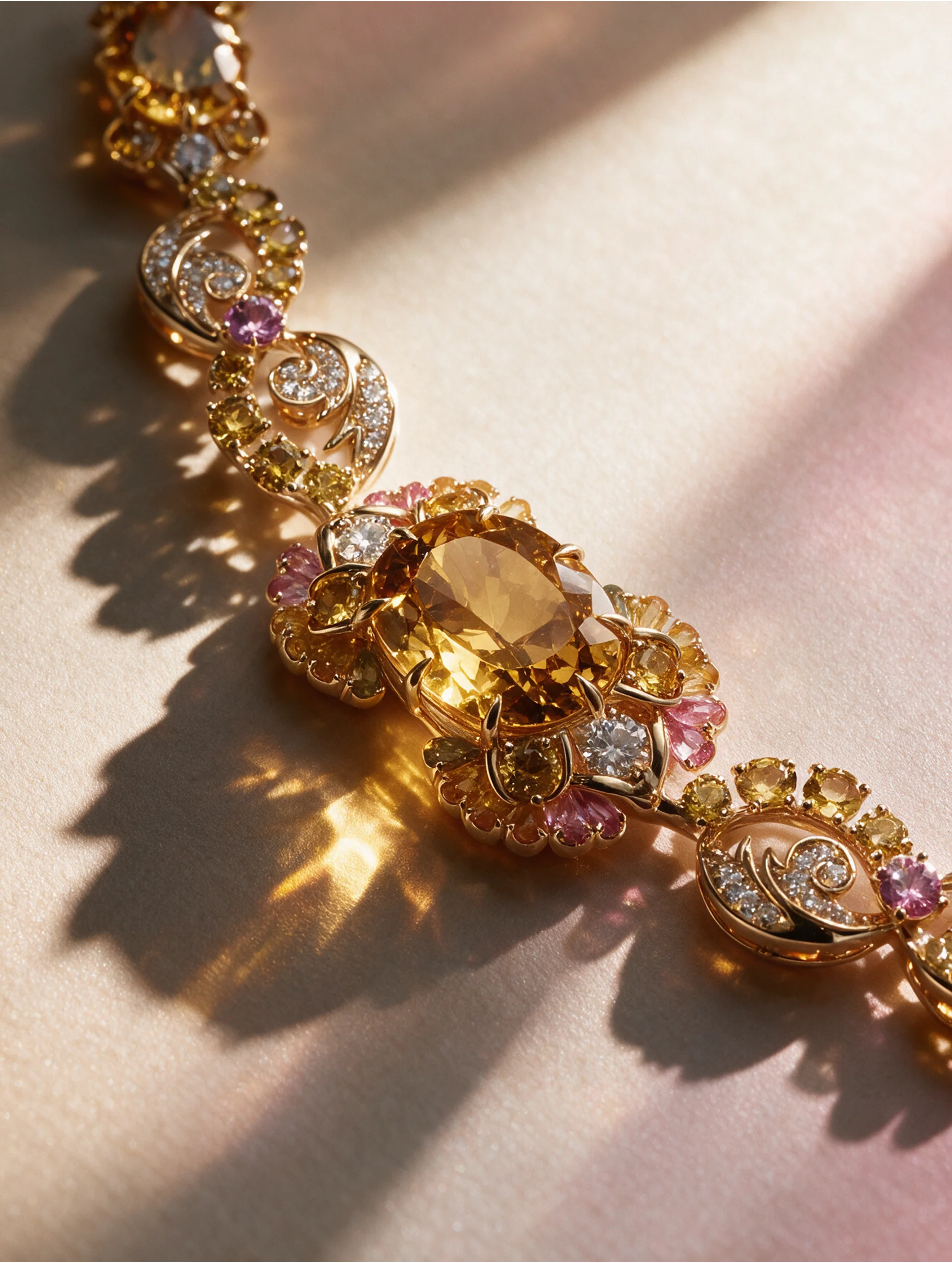 Close-up of a golden heliodor and the surrounding gemstone setting in ZOYA’s Rekindle Necklace