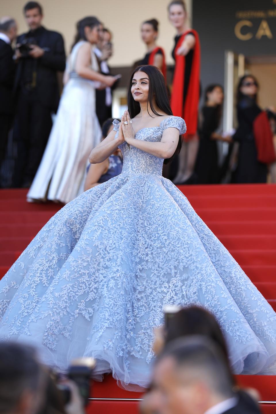 Aishwarya Rai wearing an icy-blue Michael Cinco gown with a voluminous skirt at Cannes in 2017.