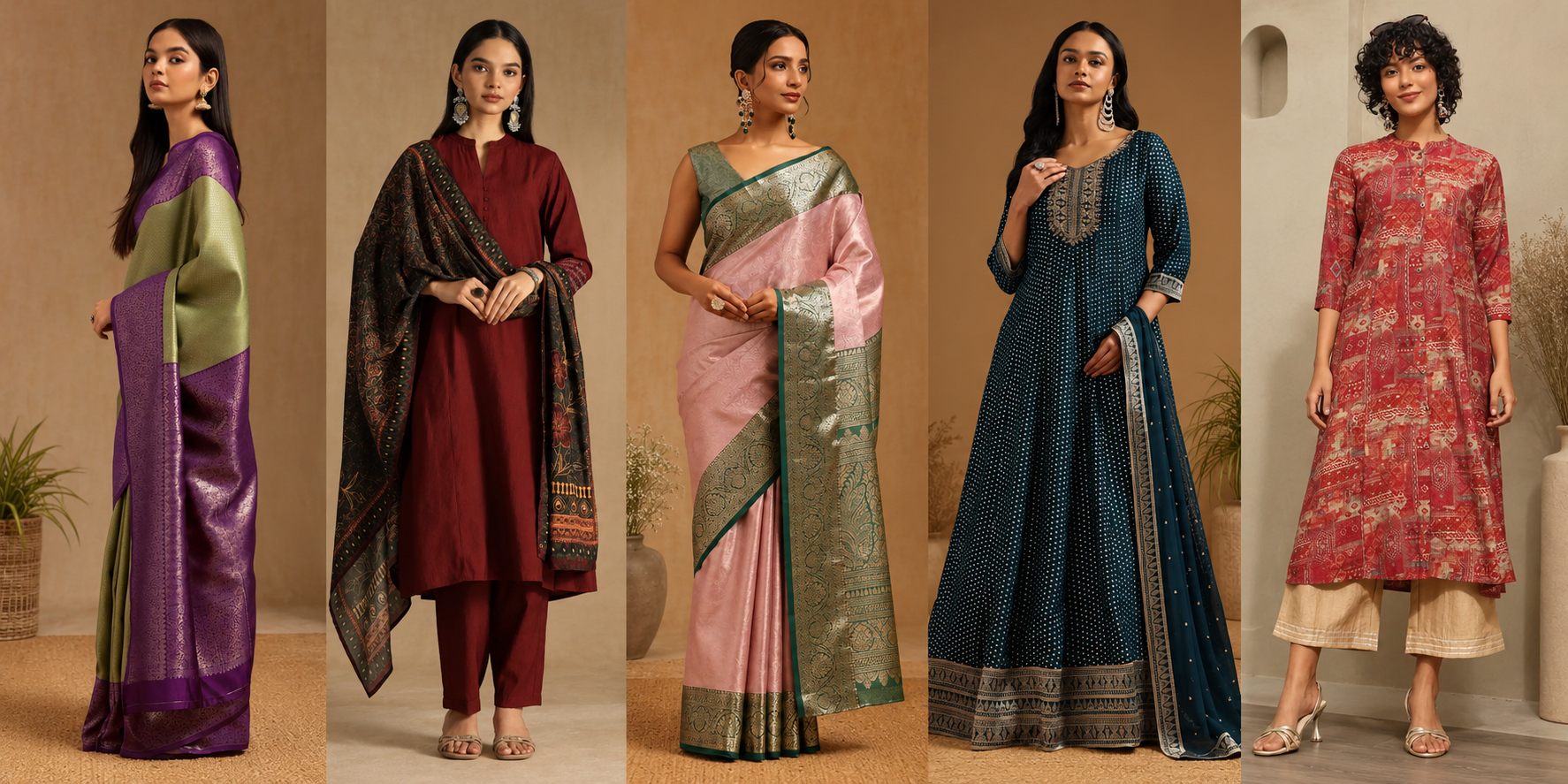 Five Soch festive looks for Ganesh Chaturthi 2026: olive and pink sarees, a maroon suit, rust kurta and teal gown