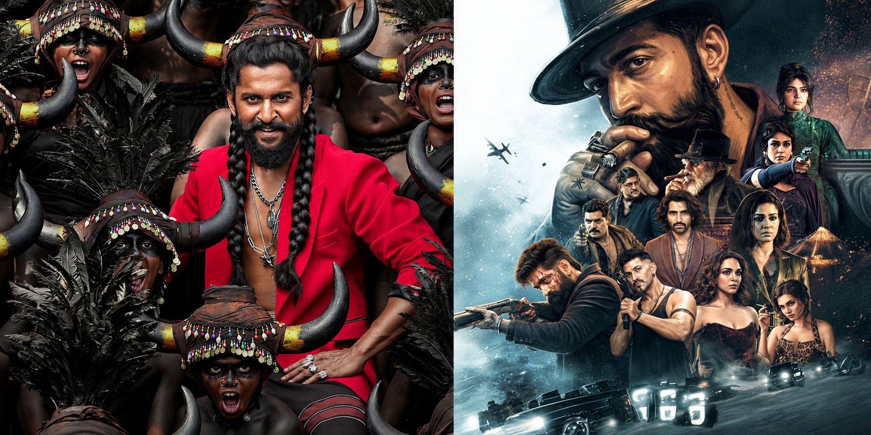Collage of Nani in The Paradise on the left and the Toxic ensemble poster on the right