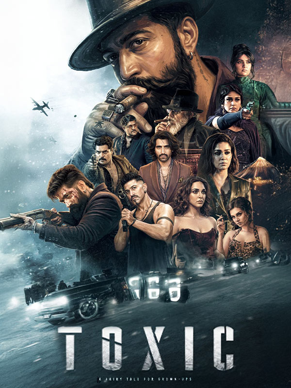 Illustrated Toxic ensemble poster featuring Yash and the cast