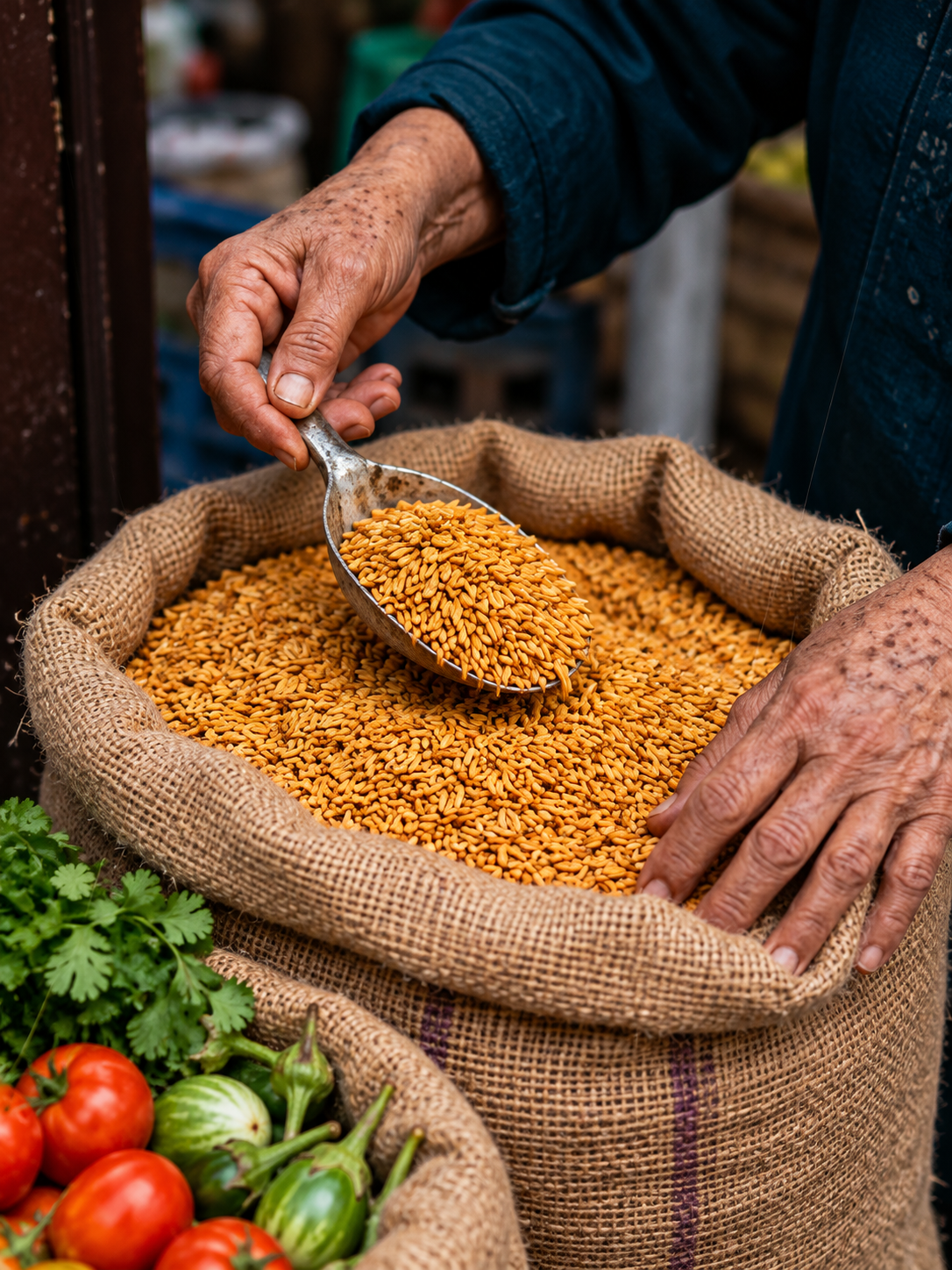 Hands scooping grain from a burlap sack beside tomatoes, aubergines and herbs
