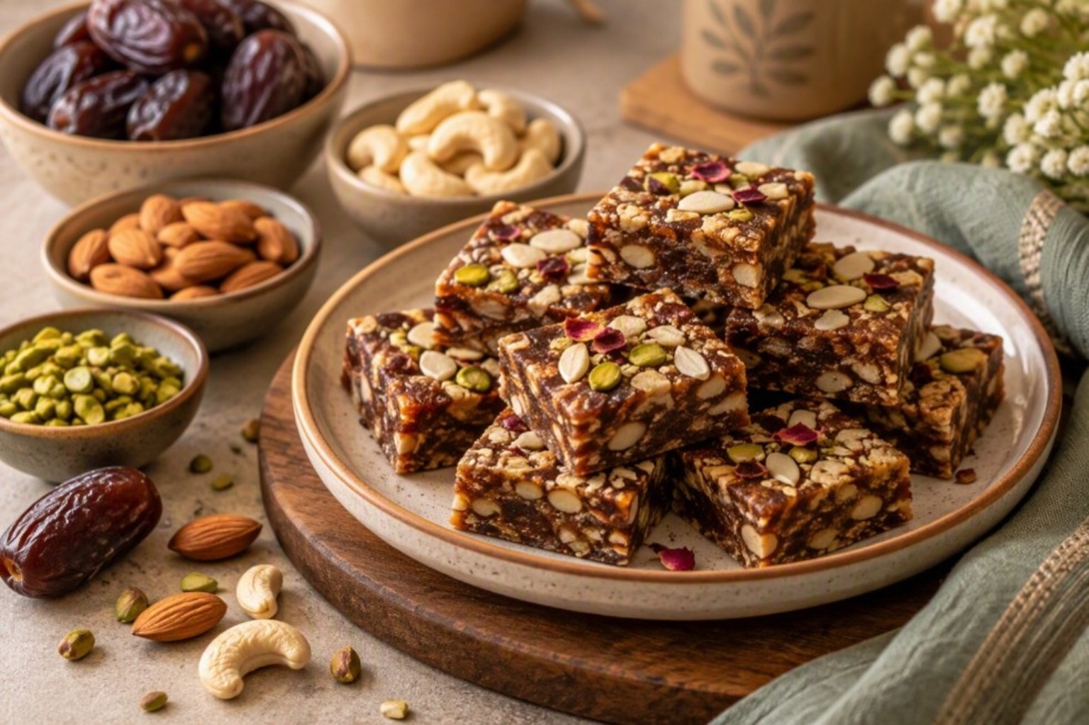 Dry-fruit and nut energy bites cut into squares on a ceramic plate