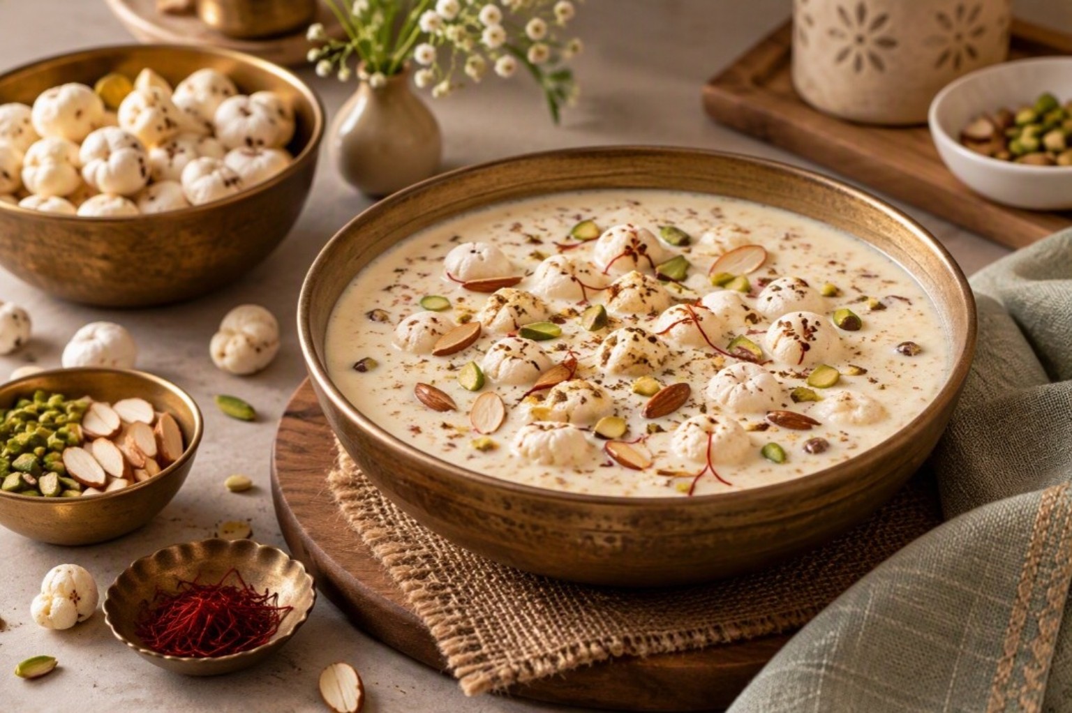 Makhana kheer topped with almonds, pistachios and saffron