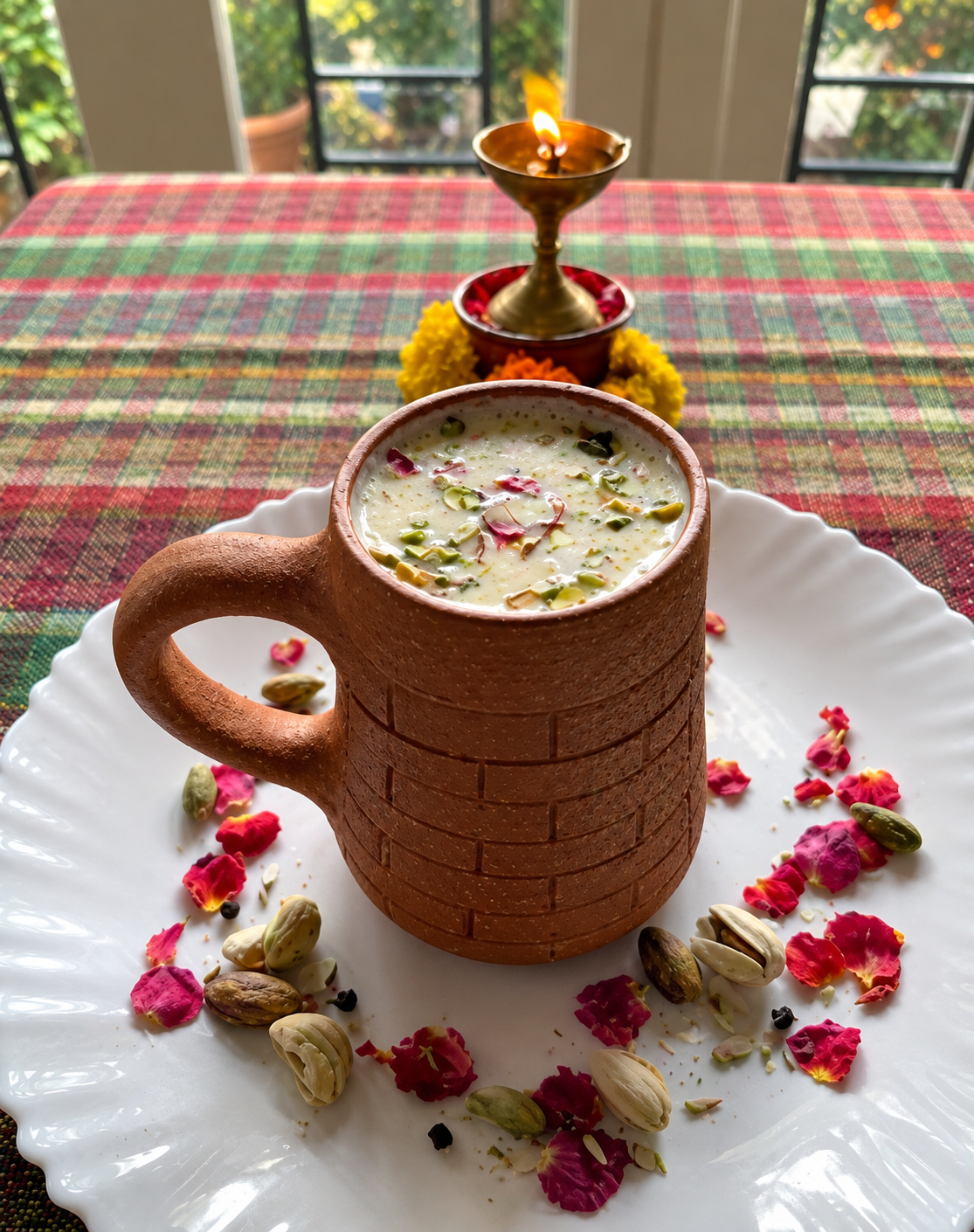 Nut and rose masala milk served in a terracotta mug
