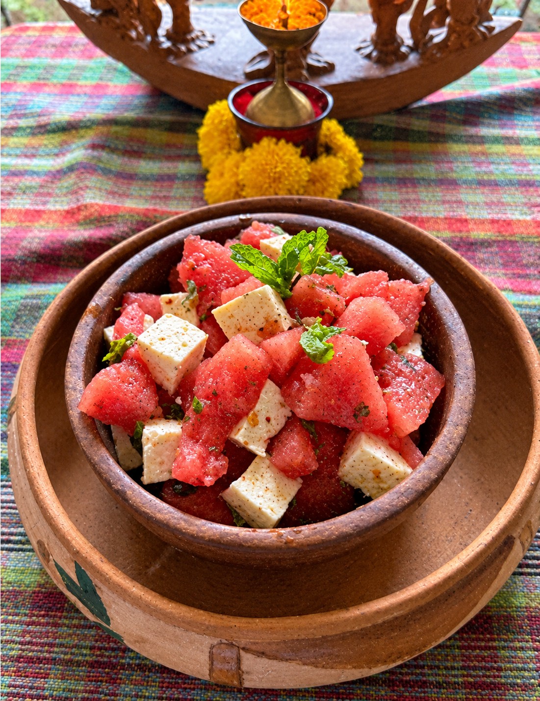 Watermelon and paneer salad with mint