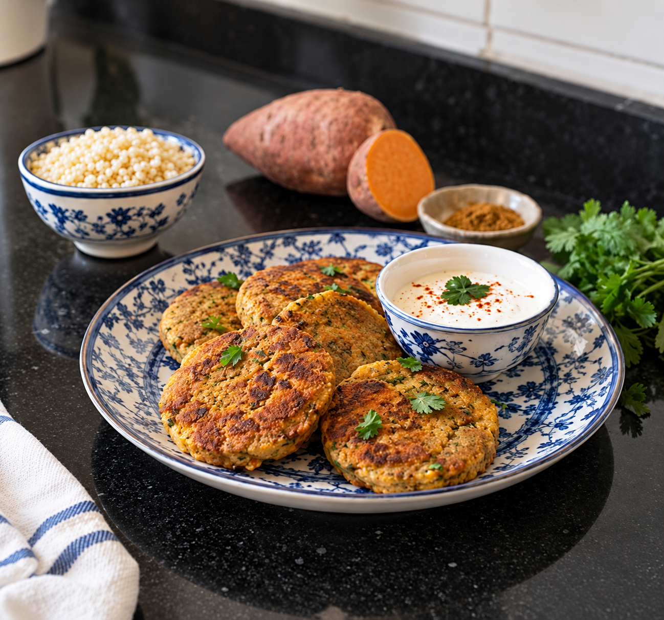 Golden samak and sweet potato tikkis served with curd