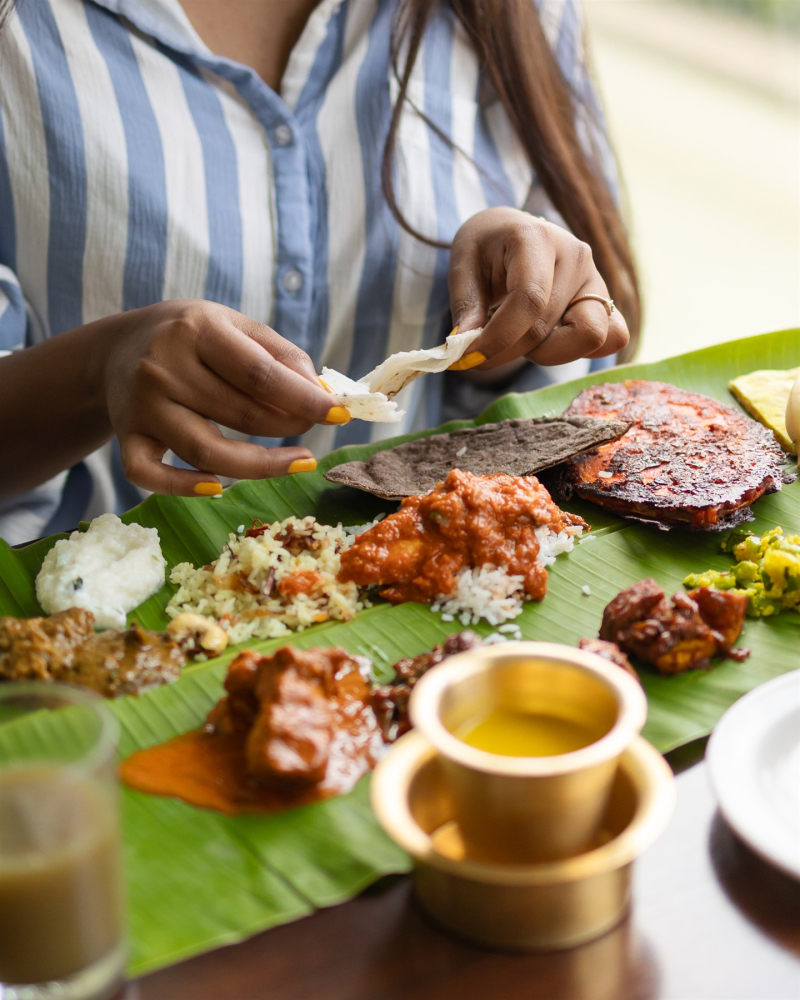 A Malnad meal served on a banana leaf.